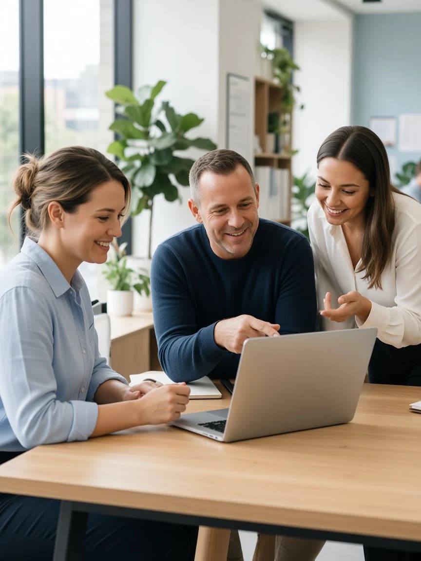 Facilities team collaborating around a laptop