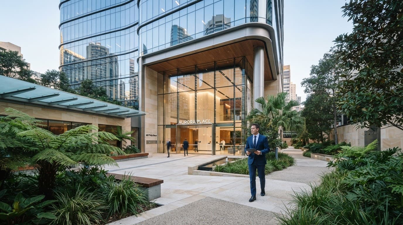 Professional arriving at a modern glass office building