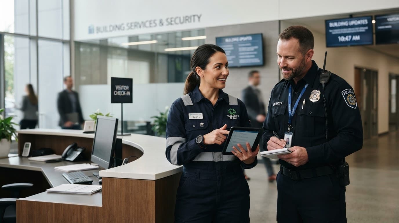 Security and maintenance staff coordinating at a reception desk