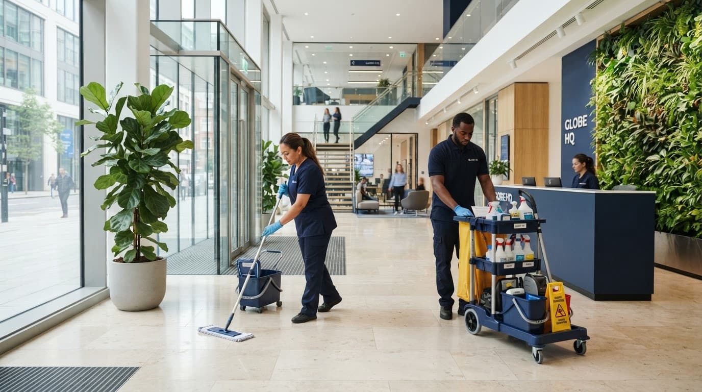 Cleaning staff working in a bright modern lobby