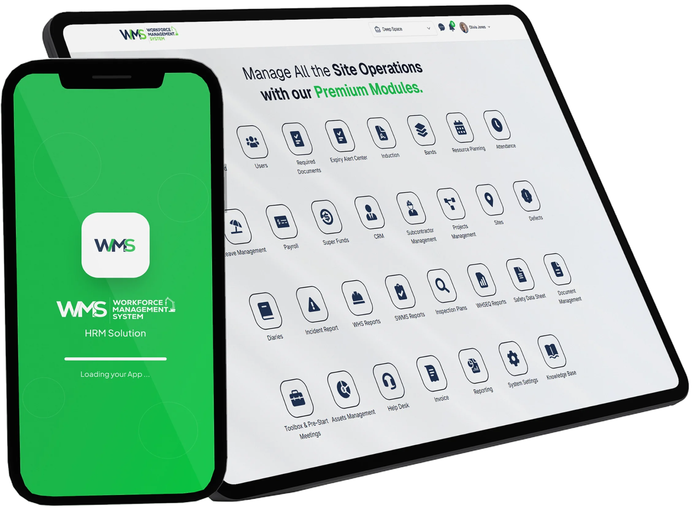 WMS attendance and modules dashboard on phone and tablet